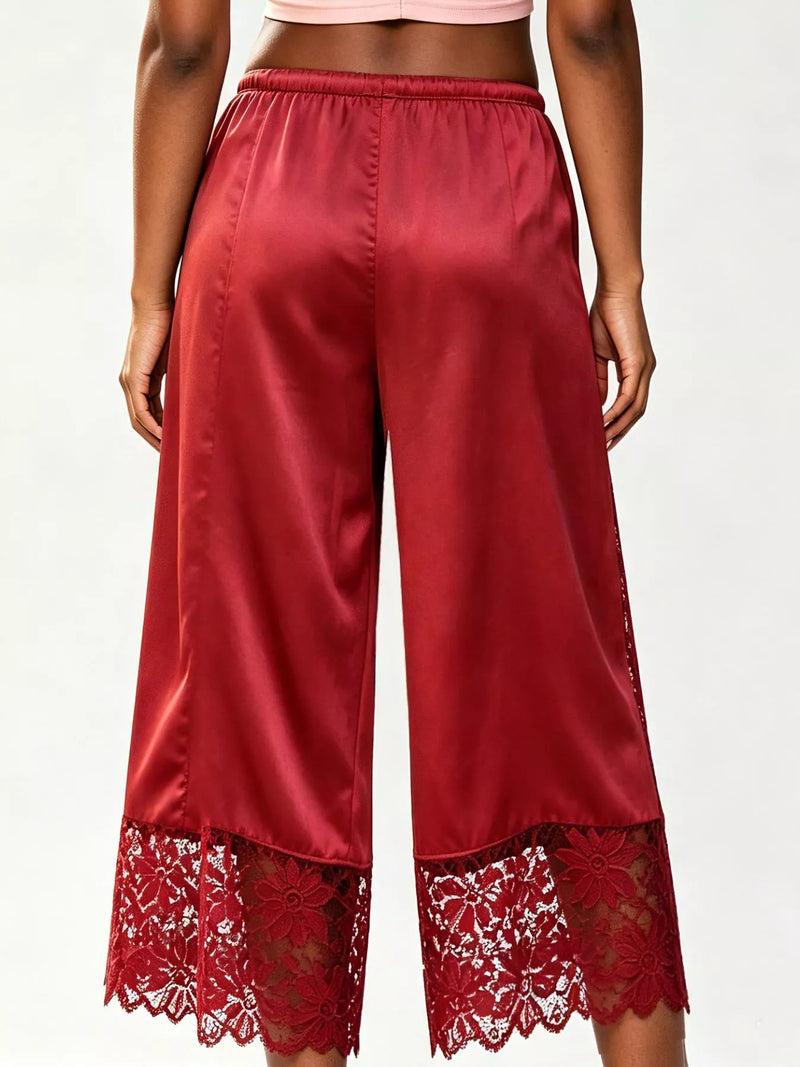 Satin Lace Wide Leg Cropped Pants for Women with Drawstring Waist in Red, back view