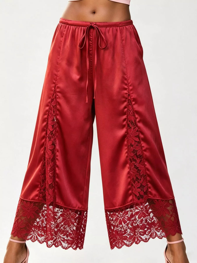 Satin Lace Wide Leg Cropped Pants for Women with Drawstring Waist in Red, front view