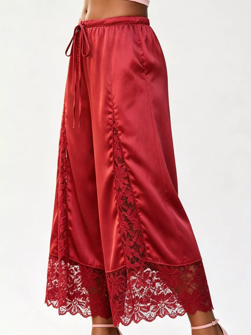 Satin Lace Wide Leg Cropped Pants for Women with Drawstring Waist in Red, side view