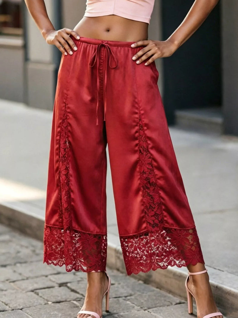 Satin Lace Wide Leg Cropped Pants for Women with Drawstring Waist in Red, styled front view