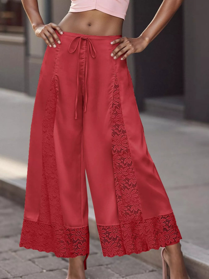 Satin Lace Wide Leg Cropped Pants for Women with Drawstring Waist in Red, three-quarter view