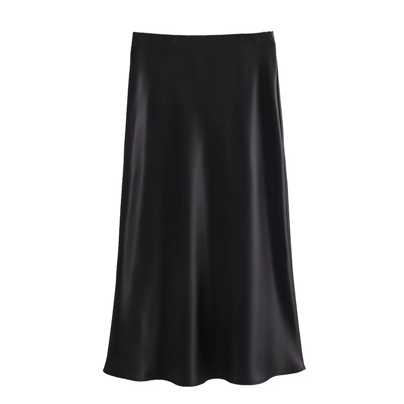 Satin Slip Midi Skirt for Women with Bias Cut and Elastic Waist in Black, front view 4
