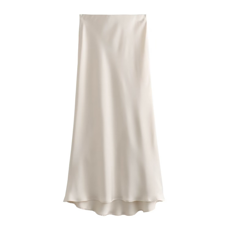 Satin Slip Midi Skirt for Women with Bias Cut and Elastic Waist in Ivory, front view 2