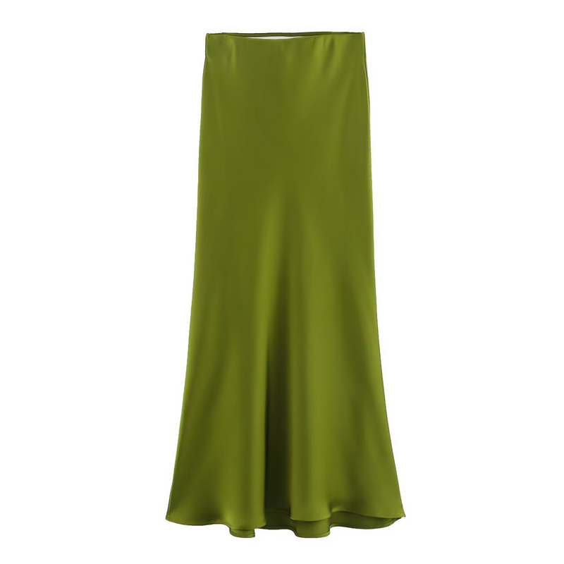 Satin Slip Midi Skirt for Women with Bias Cut and Elastic Waist in Moss Green, front view 2