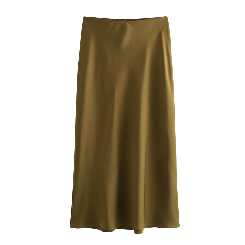 Satin Slip Midi Skirt for Women with Bias Cut and Elastic Waist in Olive, front view
