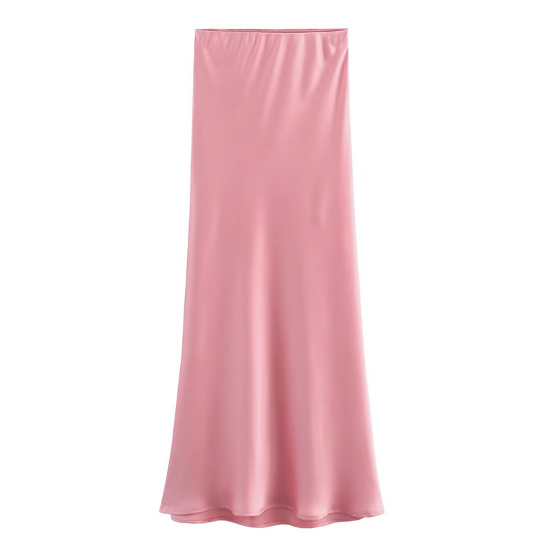 Satin Slip Midi Skirt for Women with Bias Cut and Elastic Waist in Pink, front view 5