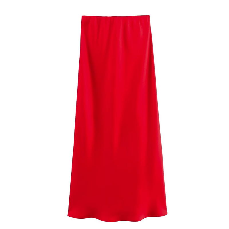 Satin Slip Midi Skirt for Women with Bias Cut and Elastic Waist in Red, front view 3