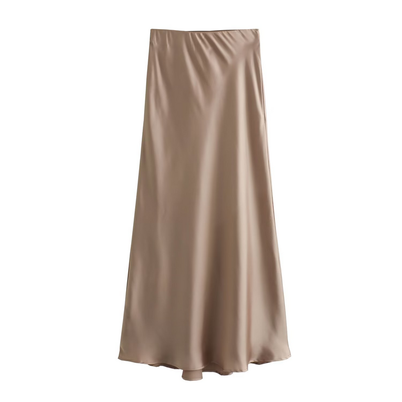Satin Slip Midi Skirt for Women with Bias Cut and Elastic Waist in Taupe, front view 6