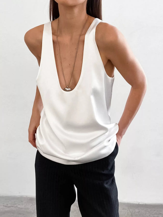 Satin Tank Top for Women with Deep Scoop Neck and Relaxed Fit in White, front view