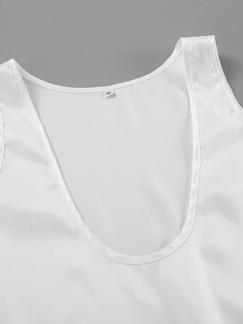 Satin Tank Top for Women with Deep Scoop Neck and Relaxed Fit in White, neckline detail