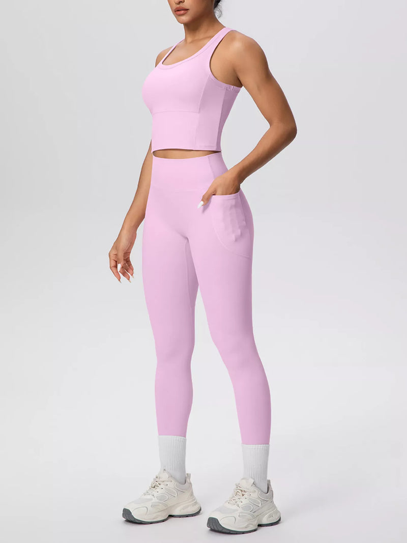 Scoop Neck Activewear Set for Women with High Waisted Pocket Leggings in Blush Pink, front view 2