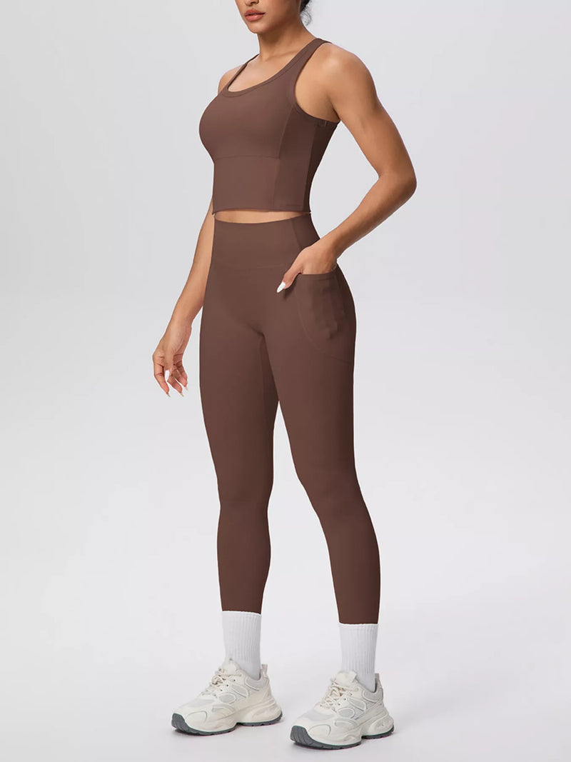 Scoop Neck Activewear Set for Women with High Waisted Pocket Leggings in Brown, front view 4