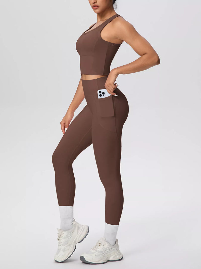 Scoop Neck Activewear Set for Women with High Waisted Pocket Leggings in Brown, pocket detail