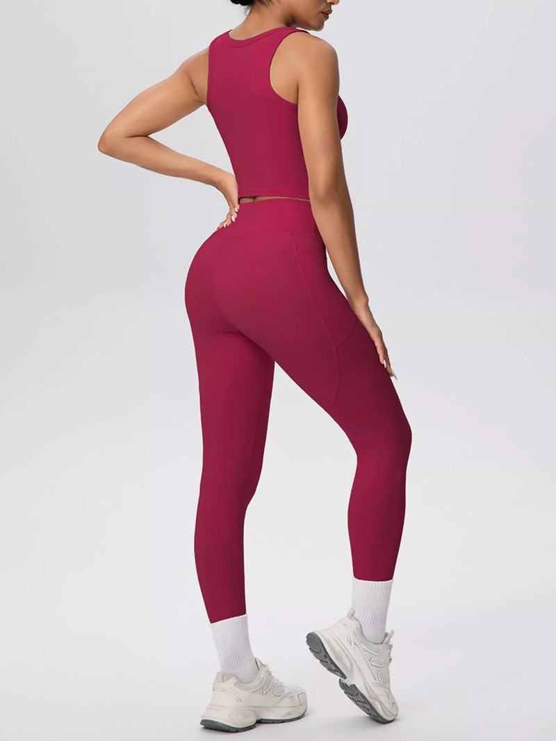 Scoop Neck Activewear Set for Women with High Waisted Pocket Leggings in Burgundy, back view
