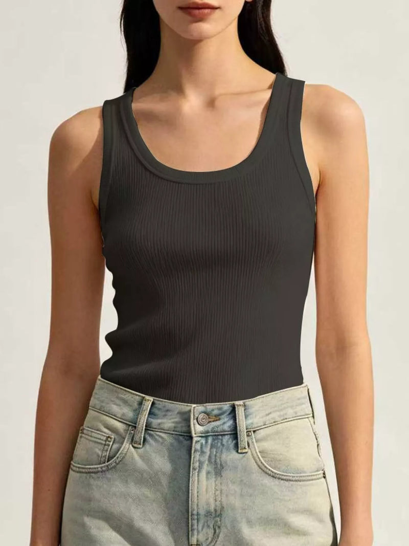 Scoop Neck Ribbed Tank Top for Women with Wide Straps and Slim Fit in Black, front view