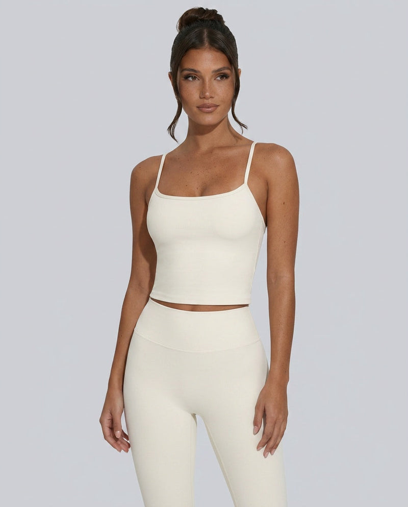 Seamless Cami Crop Top for Women with Thin Straps and Scoop Neck in Cream, front view