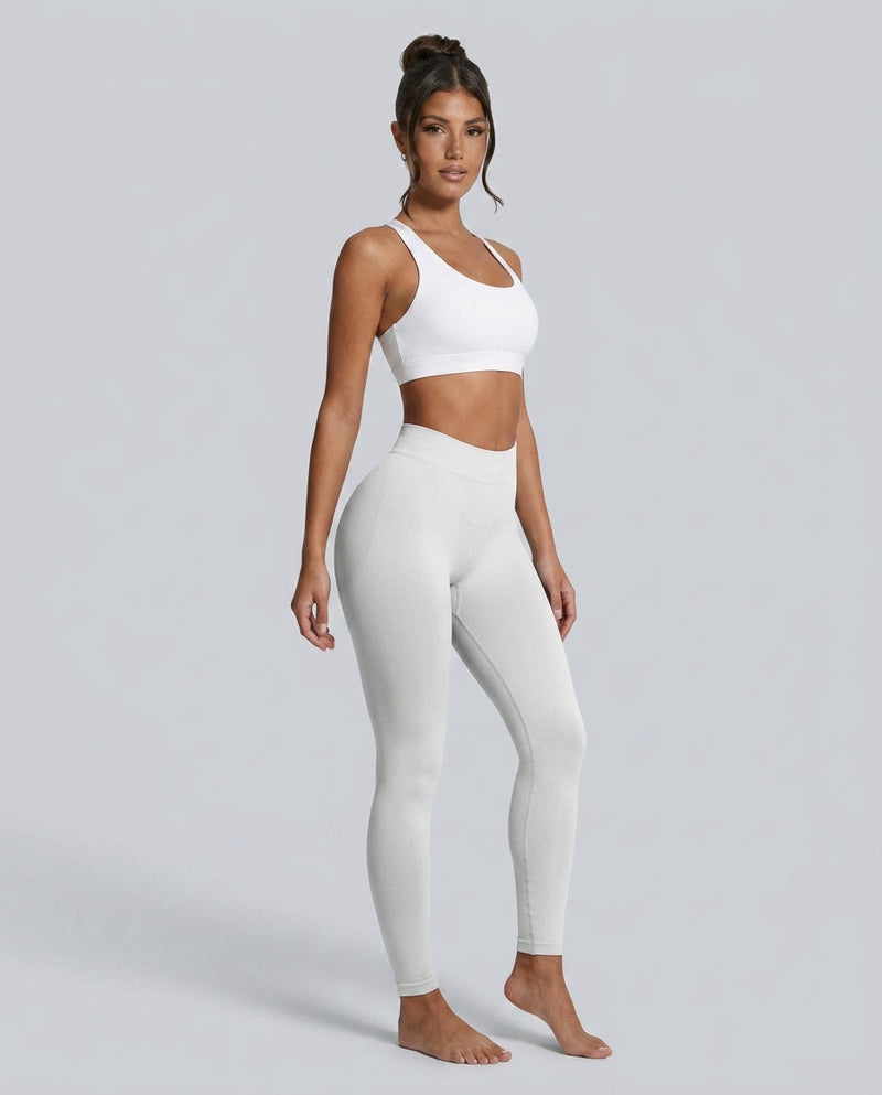 Sculpting Gym Leggings for Women with Seamless Knit and High Waist in White, three-quarter view