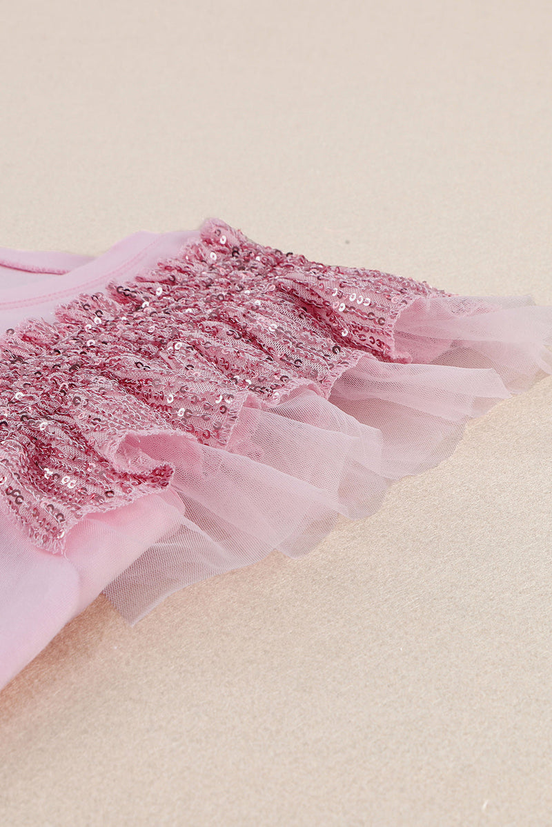 Going Out Top for Women with Sequin Flutter Sleeves and Tulle Ruffles in Blush Pink, sleeve detail