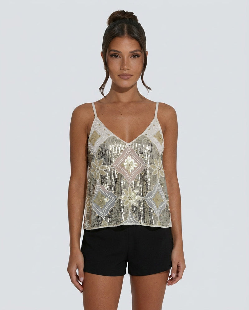 Sequin Mesh Cami Top for Women with V Neck and Spaghetti Straps in White, front view