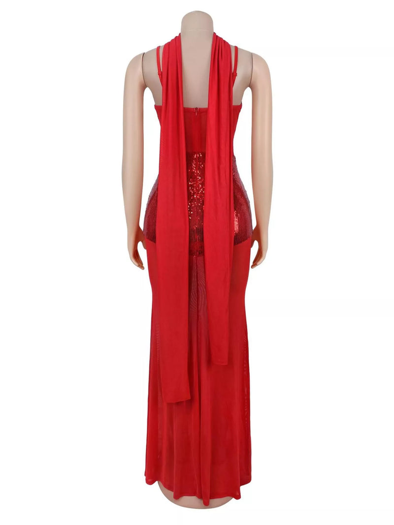 Sequin Maxi Dress for Women with Sheer Mesh Panels and Neck Scarf in Red, mannequin back view