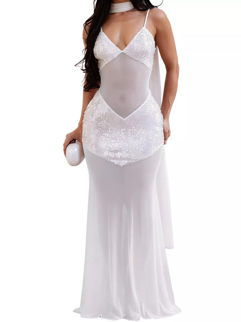 Sequin Maxi Dress for Women with Sheer Mesh Panels and Neck Scarf in White, studio front view