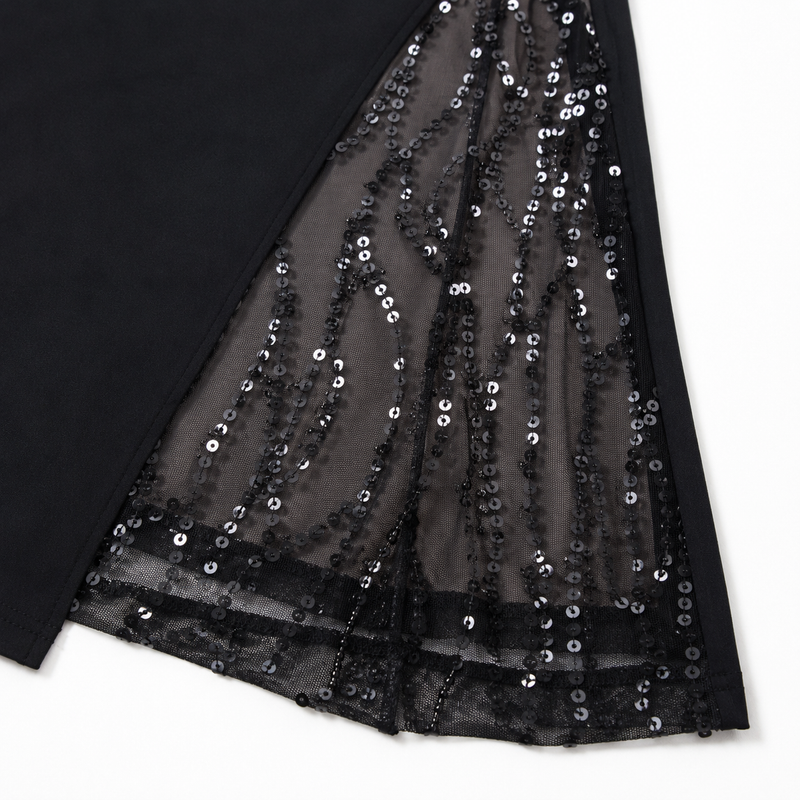 Formal Maxi Dress for Women with Sequin Slit Panel and Ruched Bodice in Black, slit panel detail