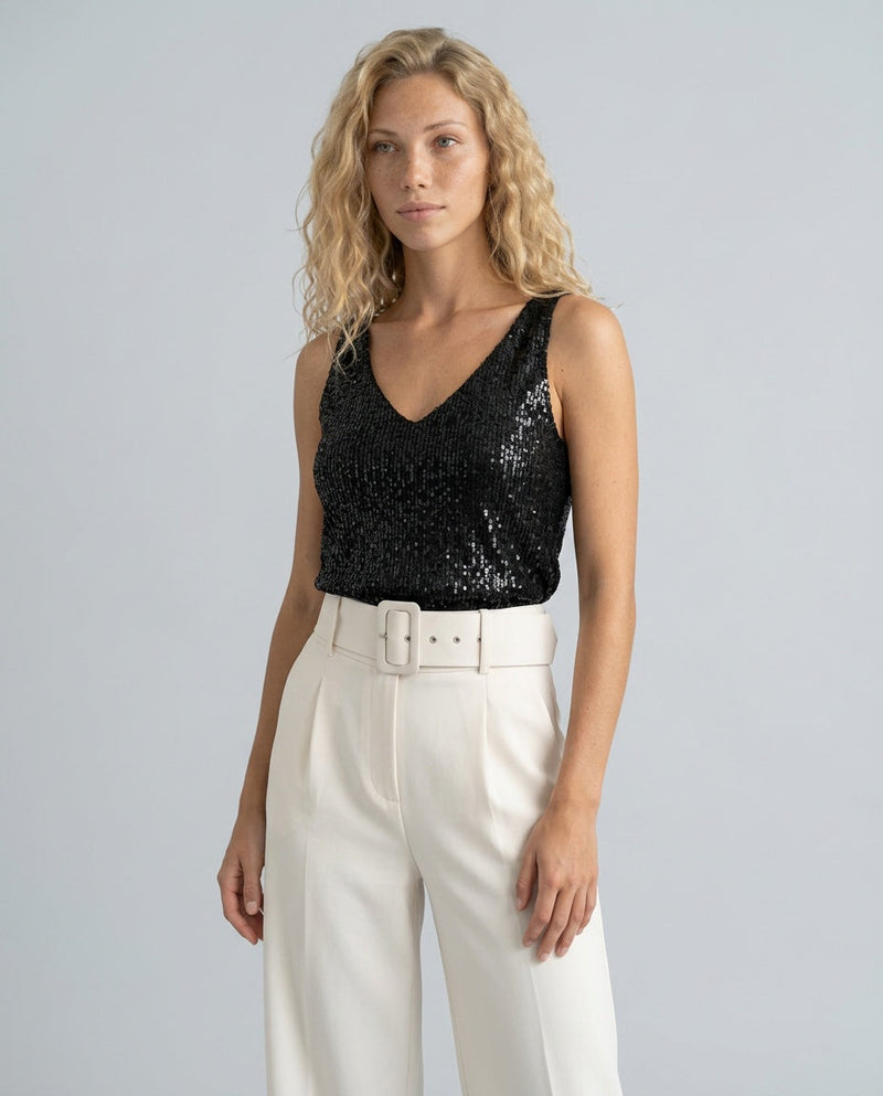 Sequin Tank Top for Women with V-Neck and Wide Straps in Black, front view close
