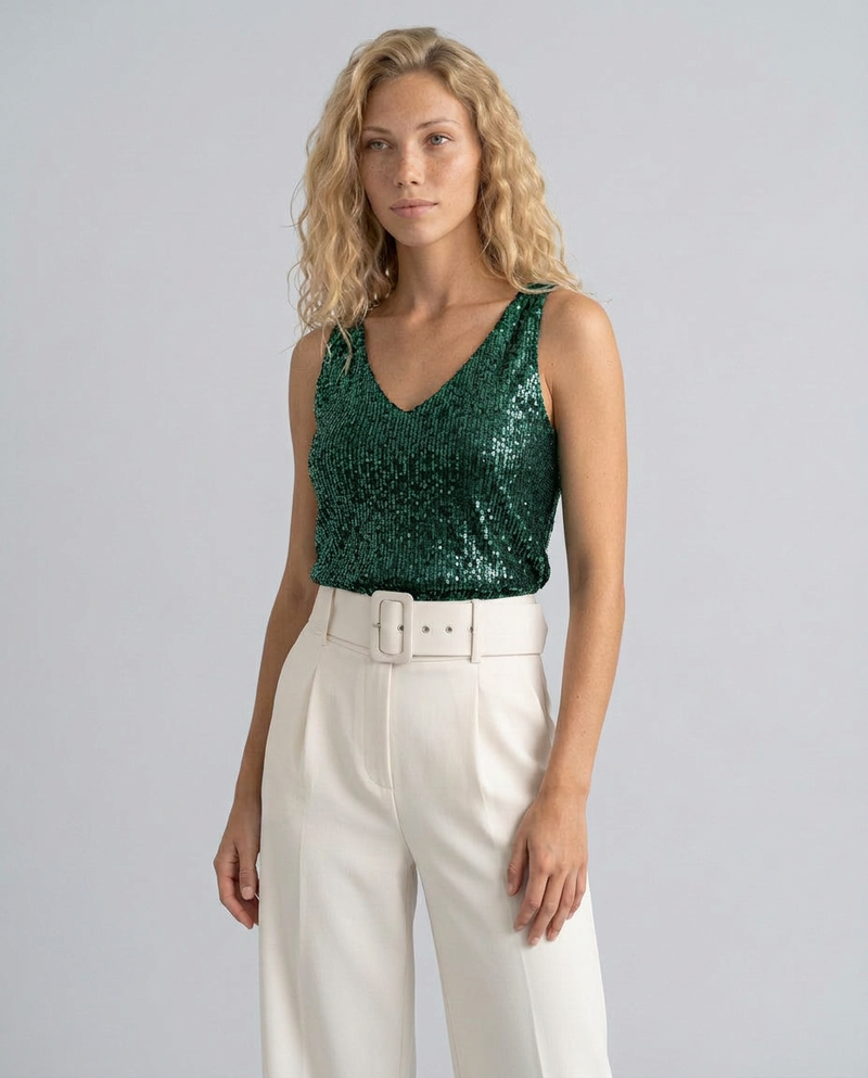 Sequin Tank Top for Women with V-Neck and Wide Straps in Dark Green, front view close