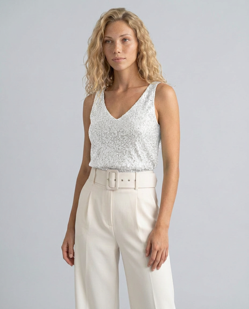 Sequin Tank Top for Women with V-Neck and Wide Straps in White, front view close