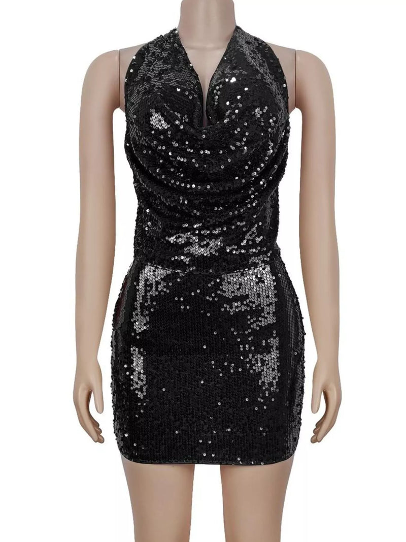 Sequin Two Piece Set for Women with Cowl Neck Halter Top and Mini Skirt in Black, front view on form
