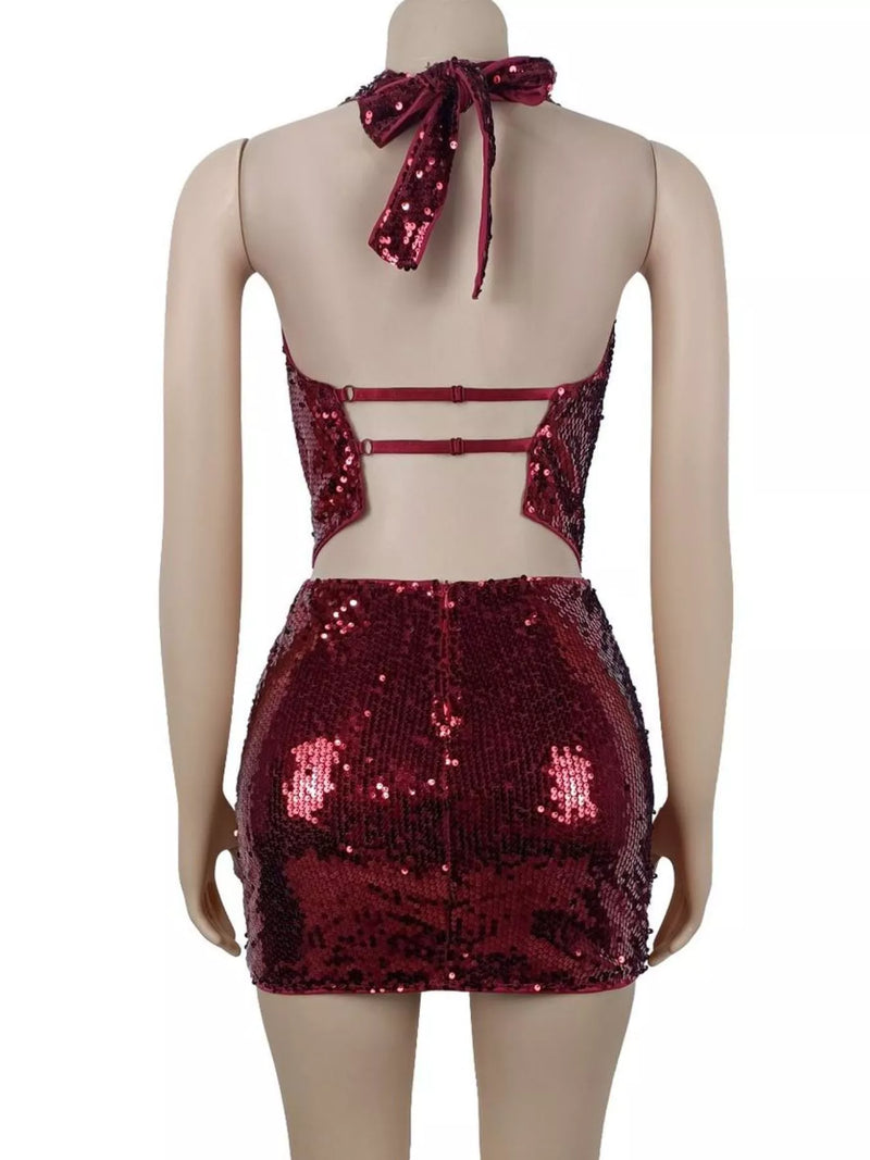 Sequin Two Piece Set for Women with Cowl Neck Halter Top and Mini Skirt in Burgundy, back view on form