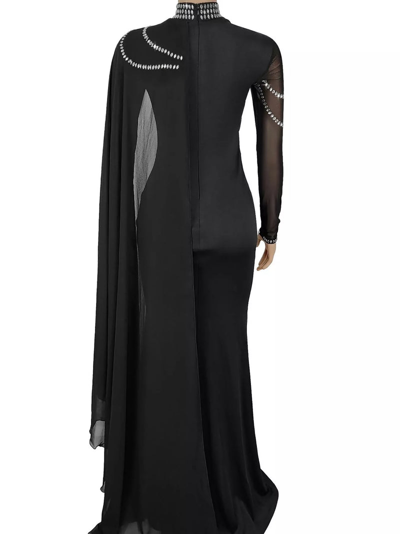 Formal Dress for Women with Sheer Cape and Rhinestone Chain Sleeves in Black/Silver, back view