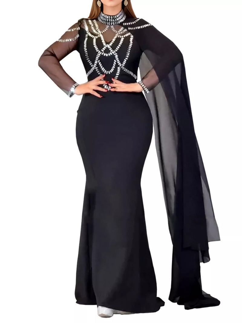 Formal Dress for Women with Sheer Cape and Rhinestone Chain Sleeves in Black/Silver, front view 2