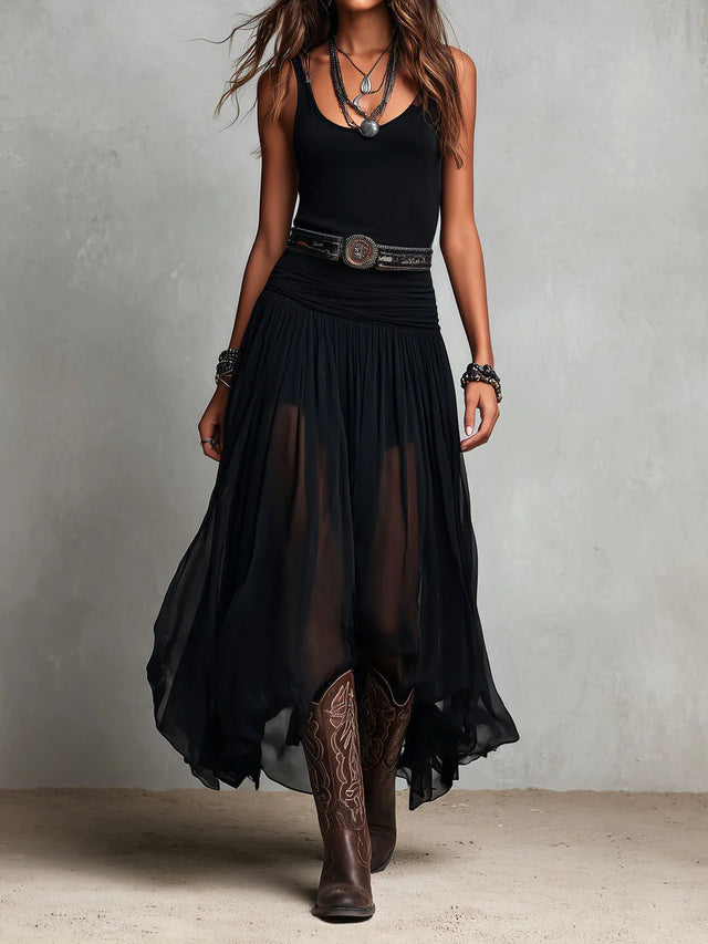 Sheer Maxi Dress for Women with Tank Top Bodice and Chiffon Skirt in Black, front view