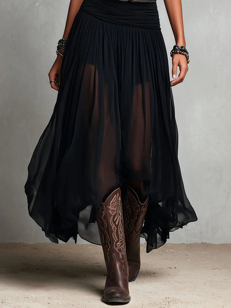 Sheer Maxi Dress for Women with Tank Top Bodice and Chiffon Skirt in Black, skirt detail