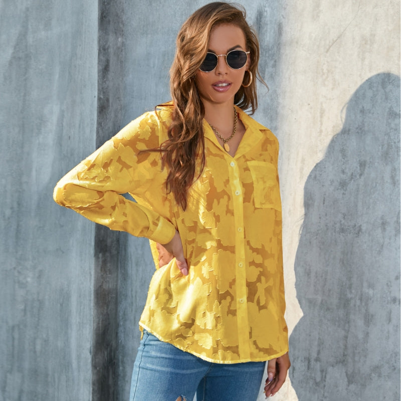 Sheer Floral Button Up Shirt for Women with Long Sleeves and Chest Pocket in Yellow, front view 5