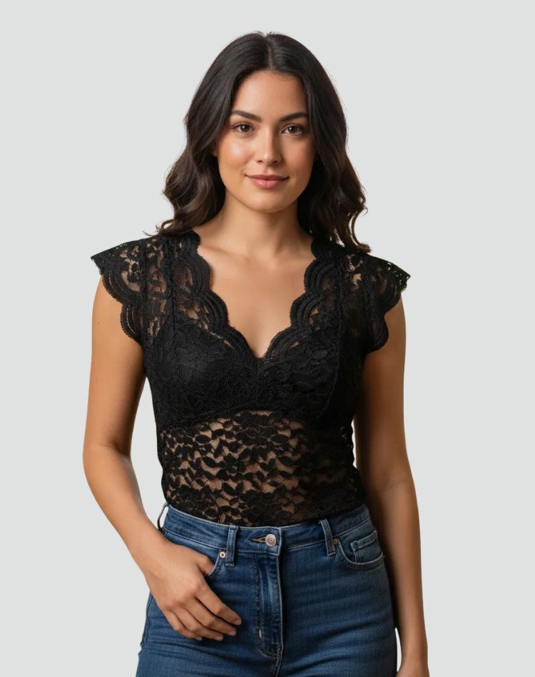 Sheer Lace V-Neck Top for Women with Scalloped Edges and Cap Sleeves in Black, front view 4