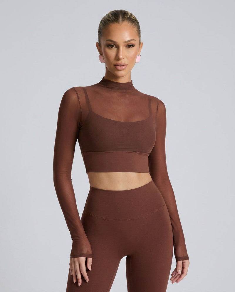 Sheer Mesh Long Sleeve Top for Women with Mock Neck and Cropped Hem in Brown, close front view