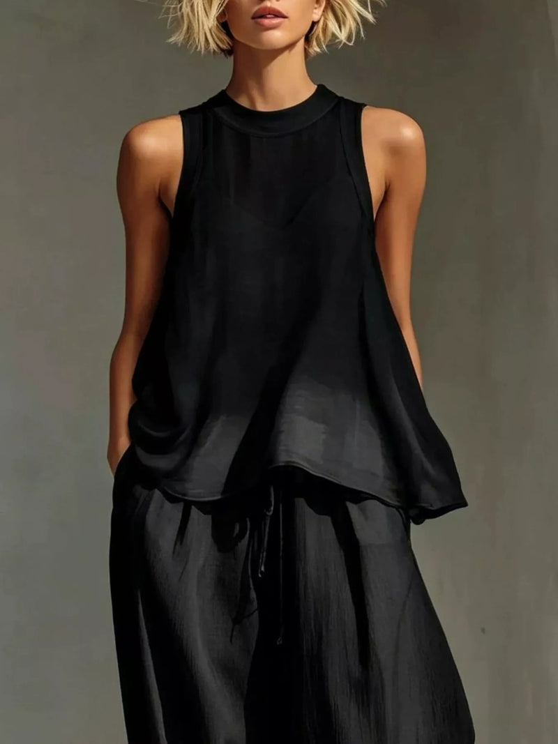 Sheer Top and Pants Set for Women with Drawstring Wide Leg Pants in Black, close-up