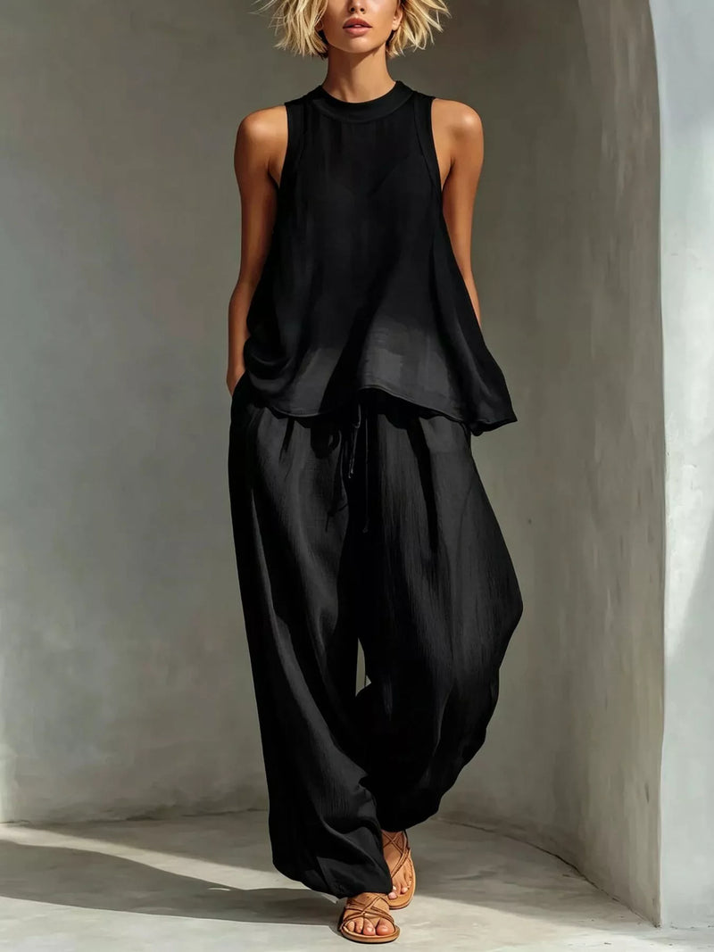 Sheer Top and Pants Set for Women with Drawstring Wide Leg Pants in Black, front view