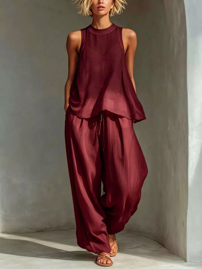 Sheer Top and Pants Set for Women with Drawstring Wide Leg Pants in Burgundy, front view