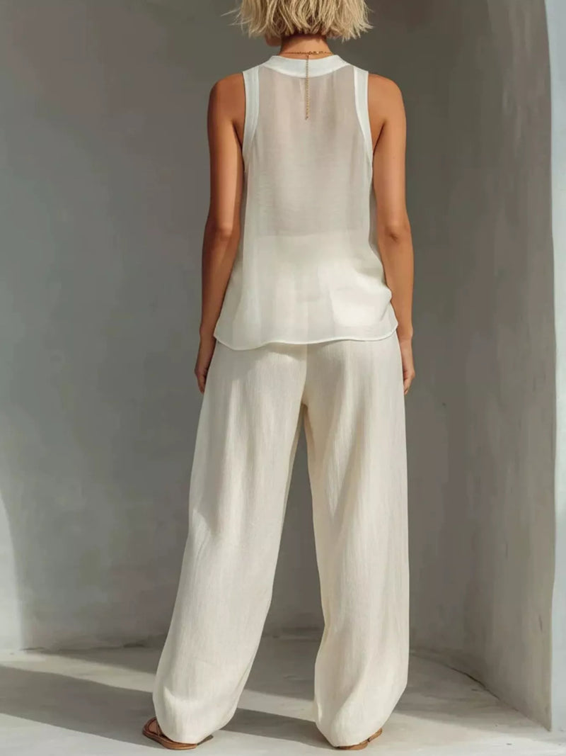 Sheer Top and Pants Set for Women with Drawstring Wide Leg Pants in White, back view