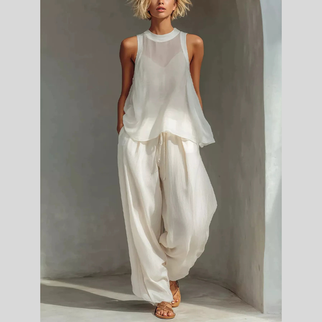 Sheer Top and Pants Set for Women with Drawstring Wide Leg Pants in White, front view