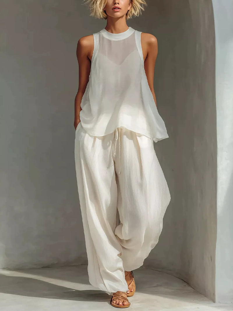 Sheer Top and Pants Set for Women with Drawstring Wide Leg Pants in White, front view 2