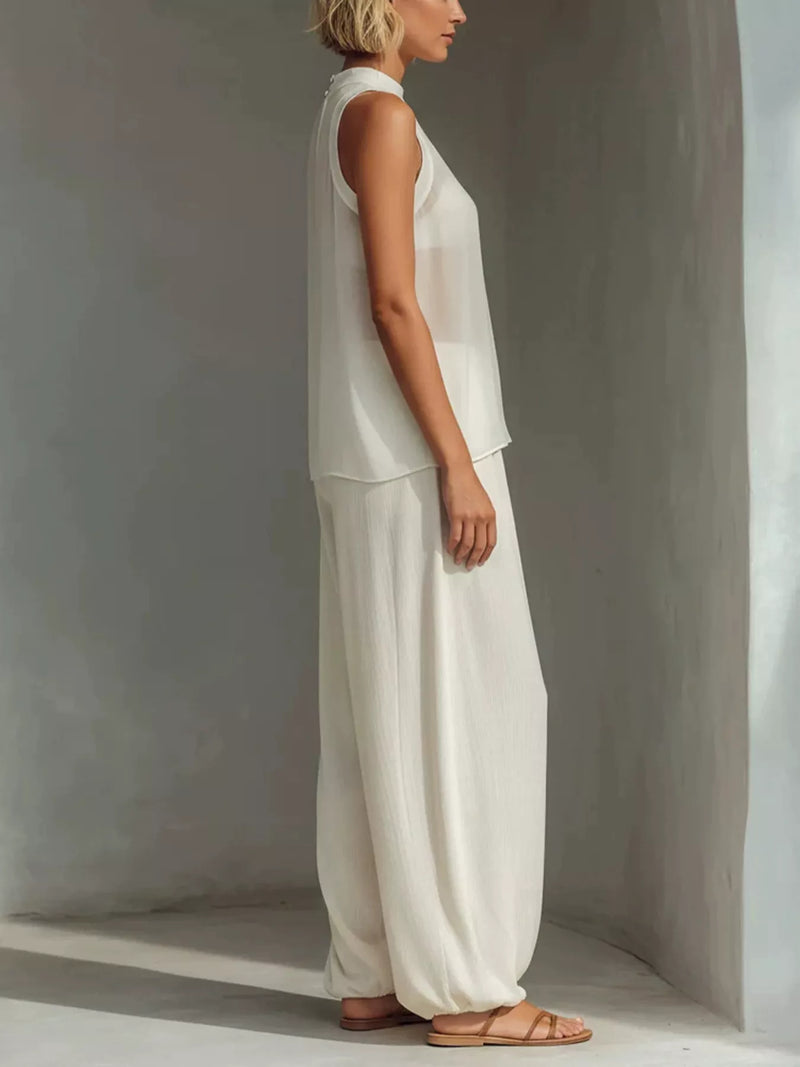 Sheer Top and Pants Set for Women with Drawstring Wide Leg Pants in White, side view