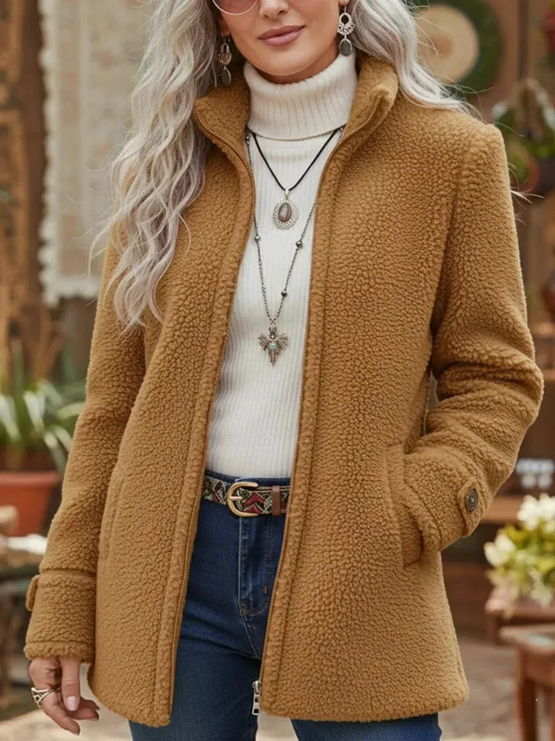 Fleece Jacket for Women with Plush Sherpa Texture and High Stand Collar in Camel, front view
