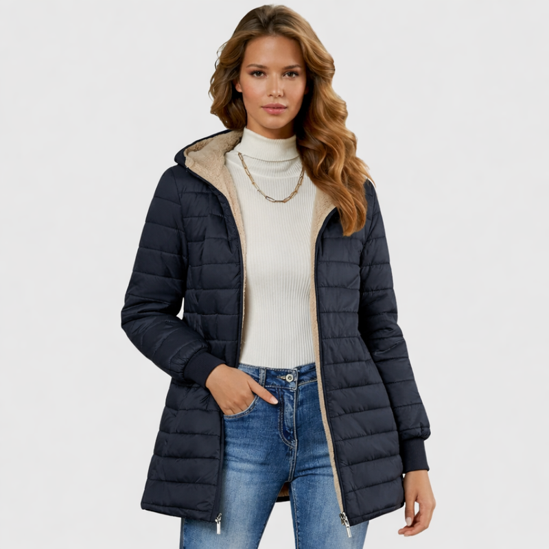 Puffer Coat for Women with Sherpa-Lined Hood and Quilted Shell in Navy, front view