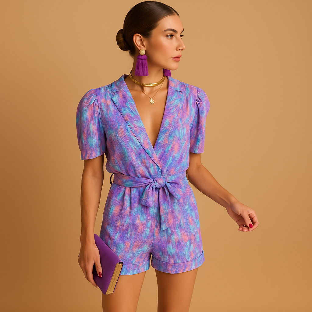 Women’s short printed jumpsuit in pink and purple with a built-in belt, perfect for warm days, summer outings, and casual evenings.