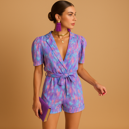 Women’s short printed jumpsuit in pink and purple with a built-in belt, perfect for warm days, summer outings, and casual evenings.