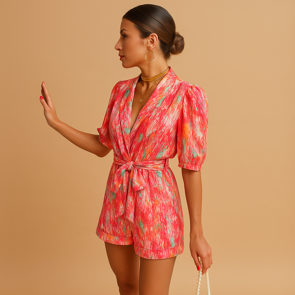 Women’s short printed jumpsuit in pink and purple with a built-in belt, perfect for warm days, summer outings, and casual evenings.